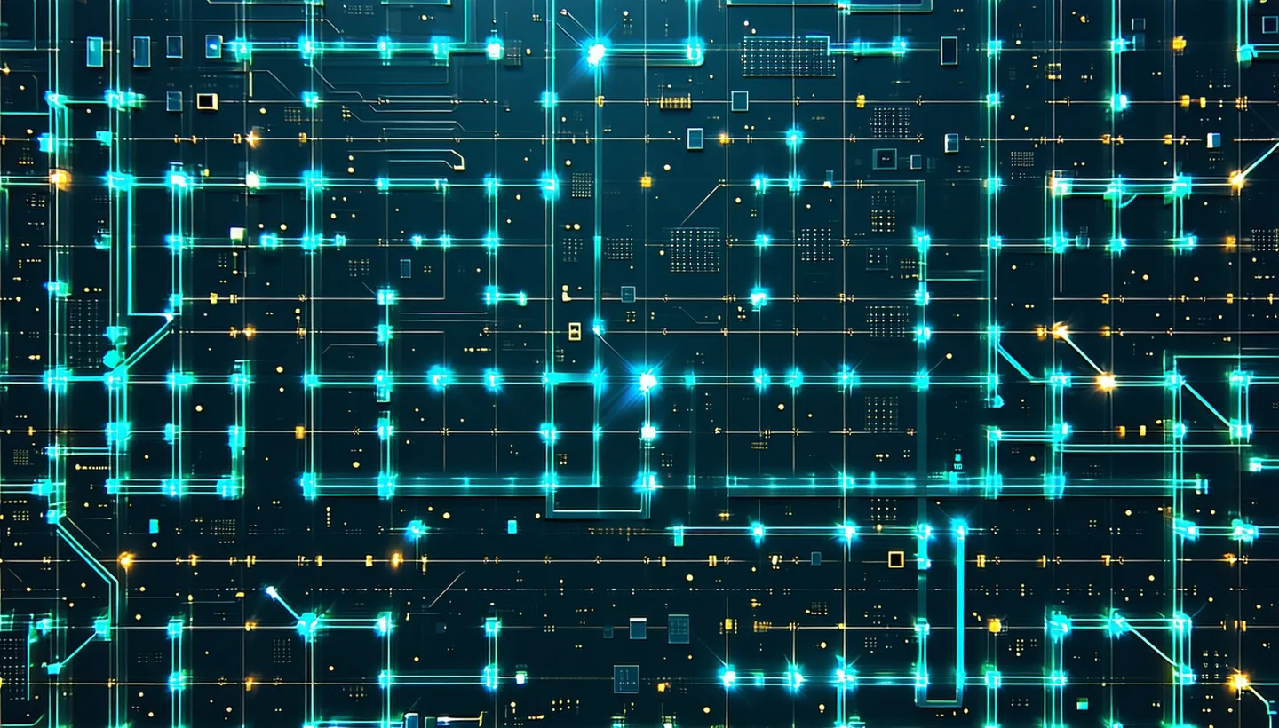 Abstract visualization of a photonic integrated circuit layout with waveguide paths and verification status overlay markers