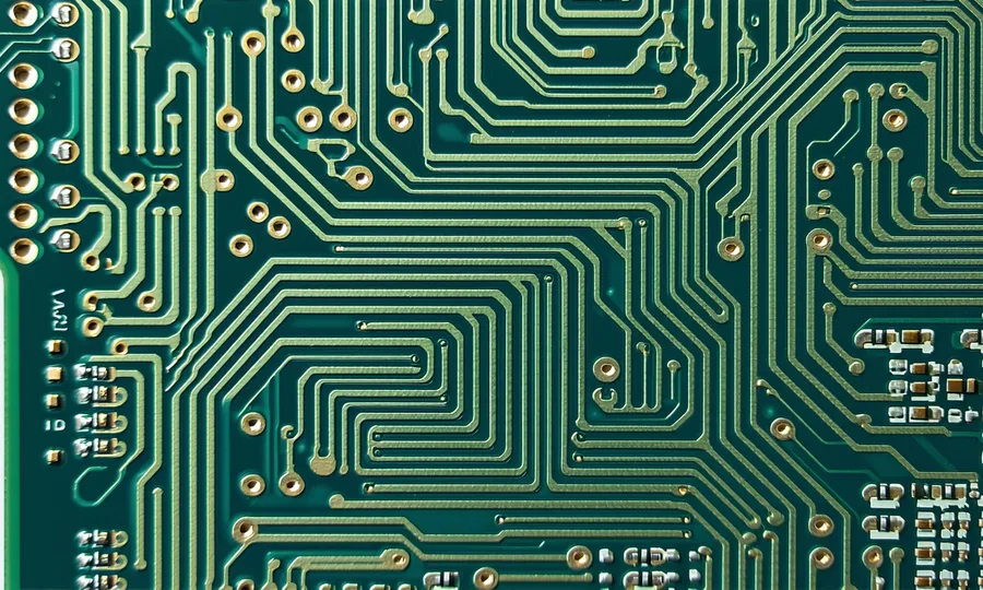 Close-up of semiconductor die layout showing functional blocks and routing
